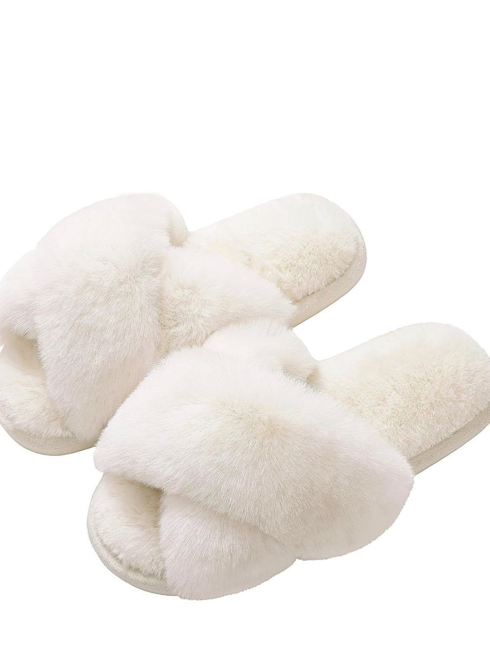 White Plush Faux Fur Cross-Band Memory Foam Slippers – Cozy & Luxe